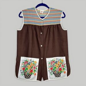 Vintage Artistic Creation Floral Smock Top Brown Striped Snap Front Medium 21070